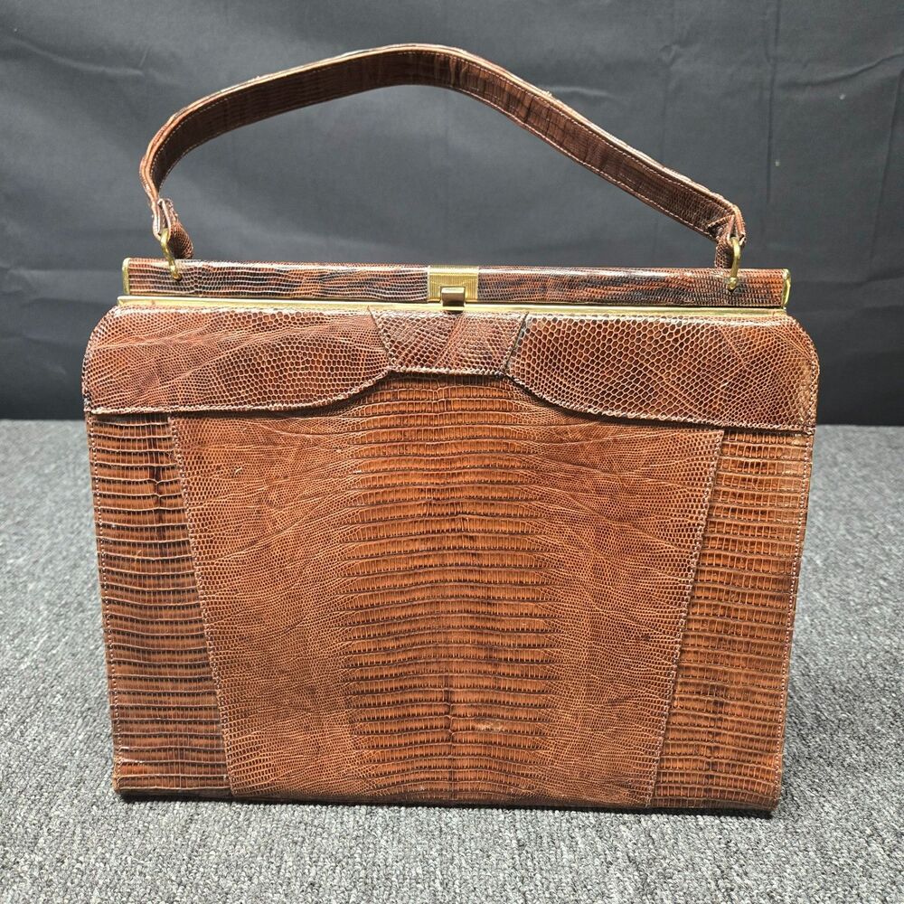 Vintage Genuine Lizard Leather Frame Handbag Brown Top Handle Purse